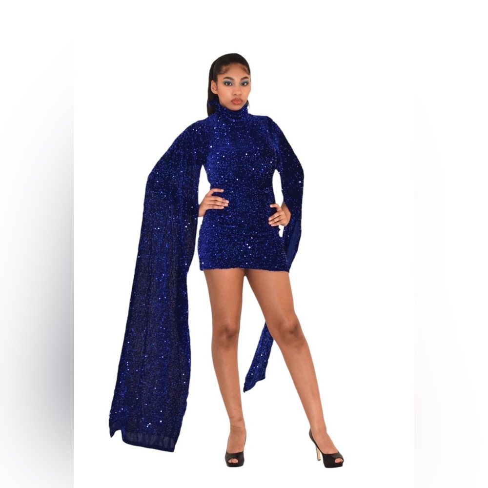 Handmade royal blue sequin dress short with dramatic sleeves size small Fancy By